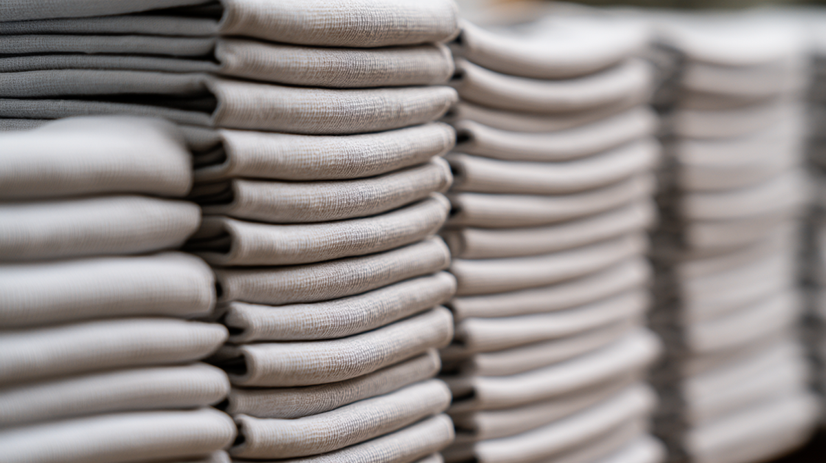 Columns of identical folded t shirts stacked for a bulk order