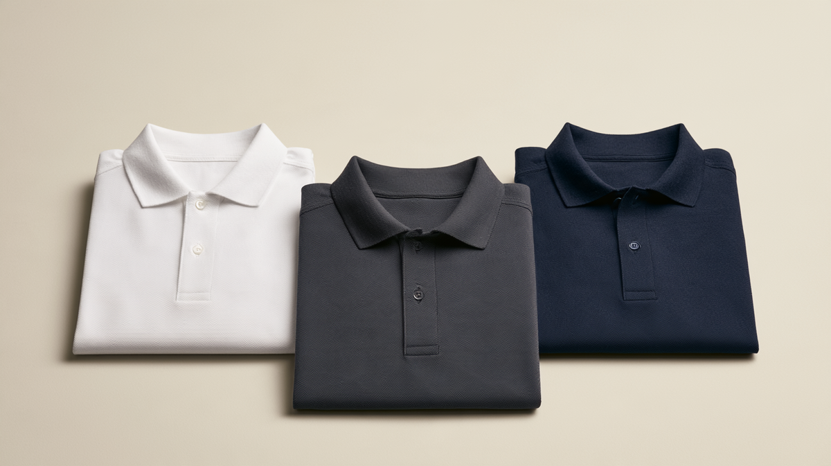Three folded corporate polos in white, charcoal and navy