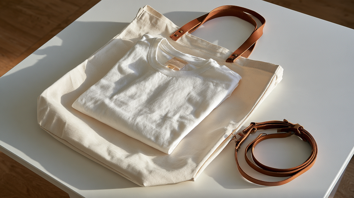 A folded tee resting on a canvas tote bag for event merchandise