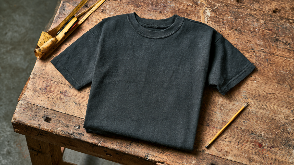 Heavyweight charcoal work tee folded on a weathered workbench