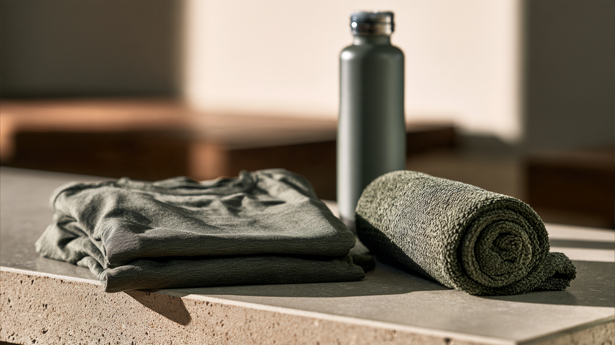 Folded athletic tee and rolled gym towel on a concrete bench