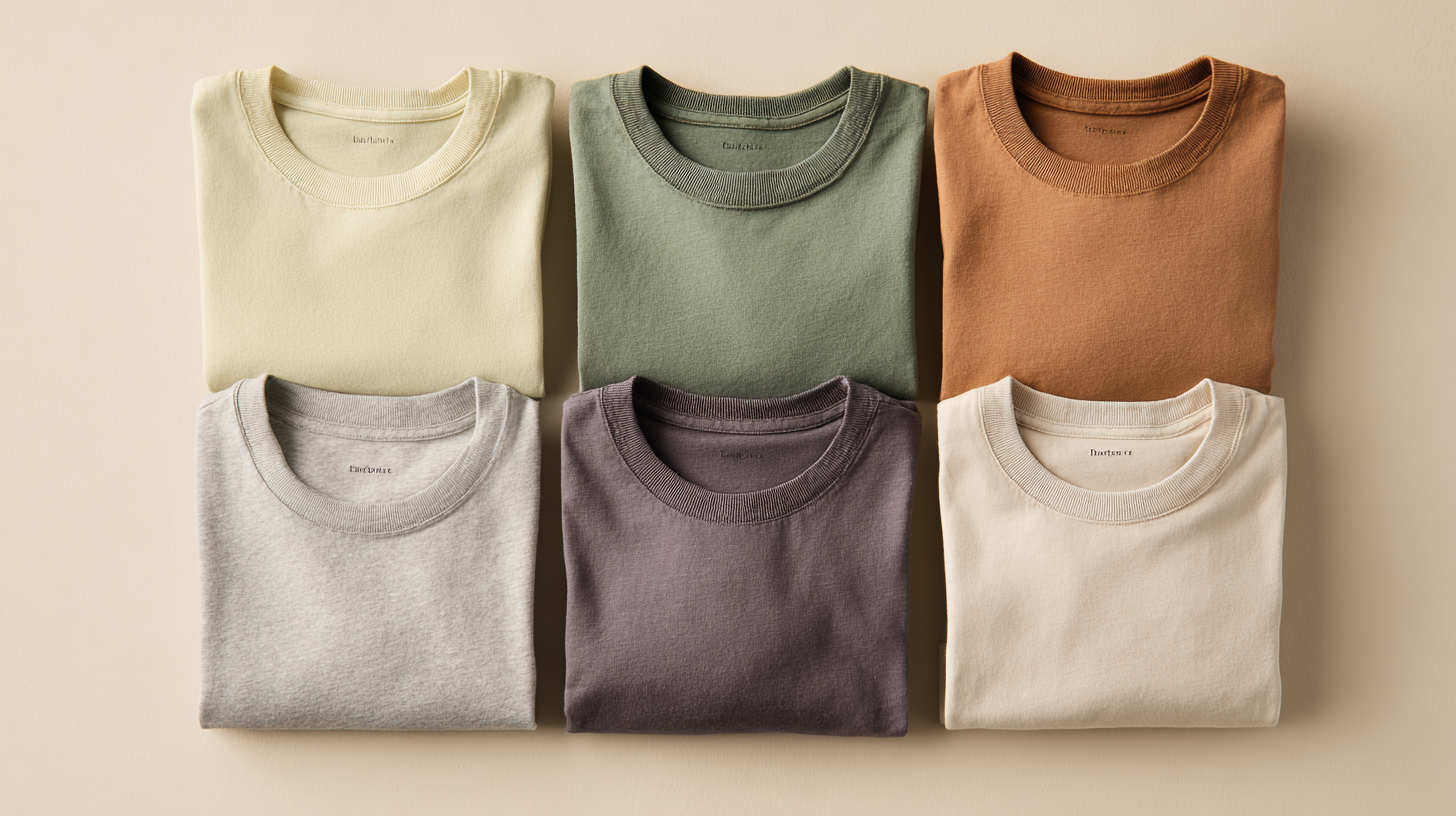 Overhead grid of six folded t shirts in different colorways for niche selection