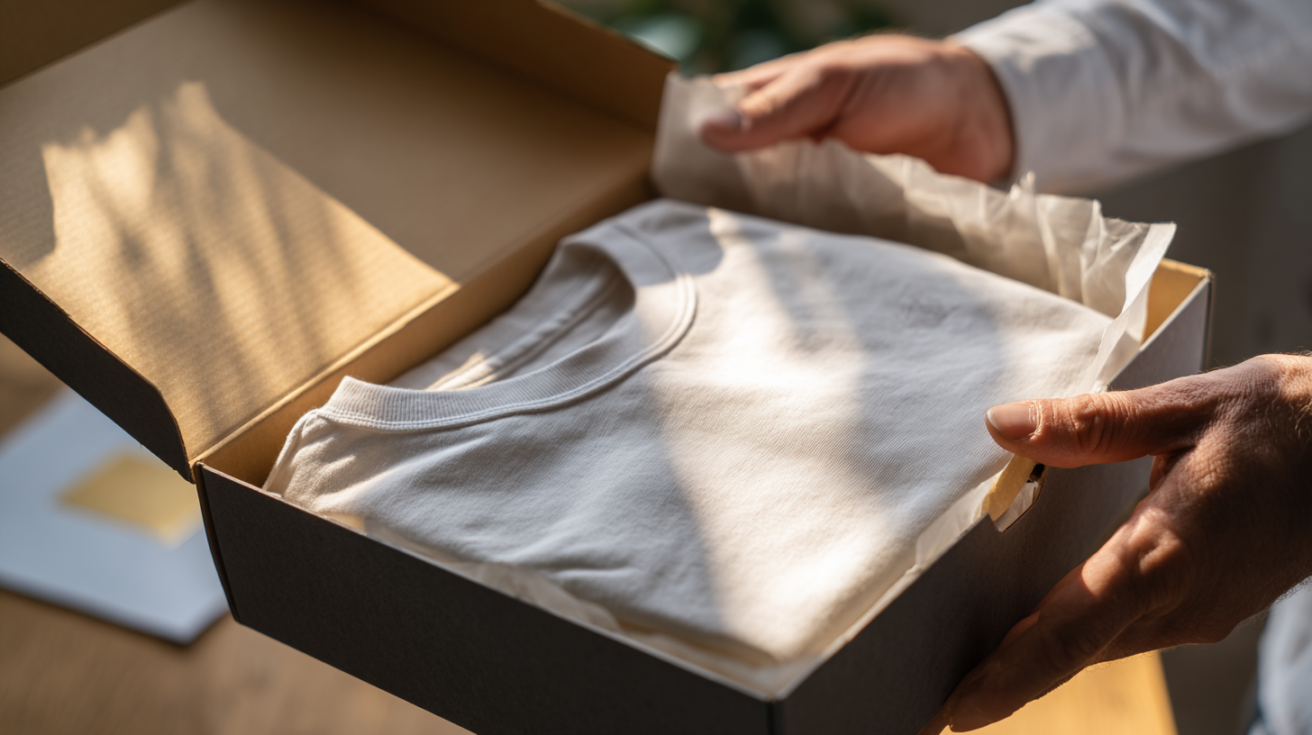 Hands opening a branded mailer to reveal a folded sample t shirt in tissue paper