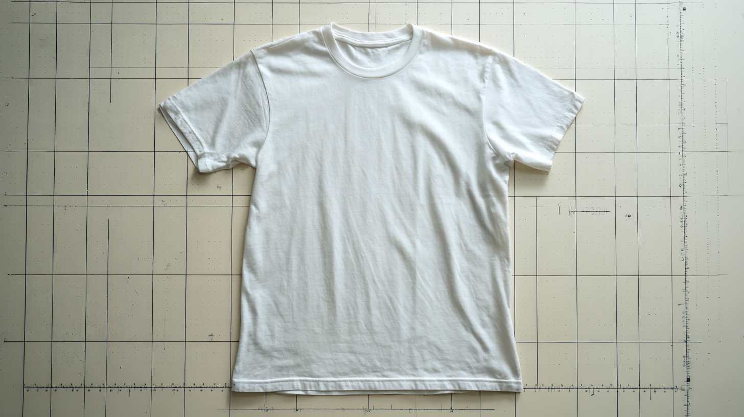 Blank white t shirt laid flat on a measurement grid showing print placement areas