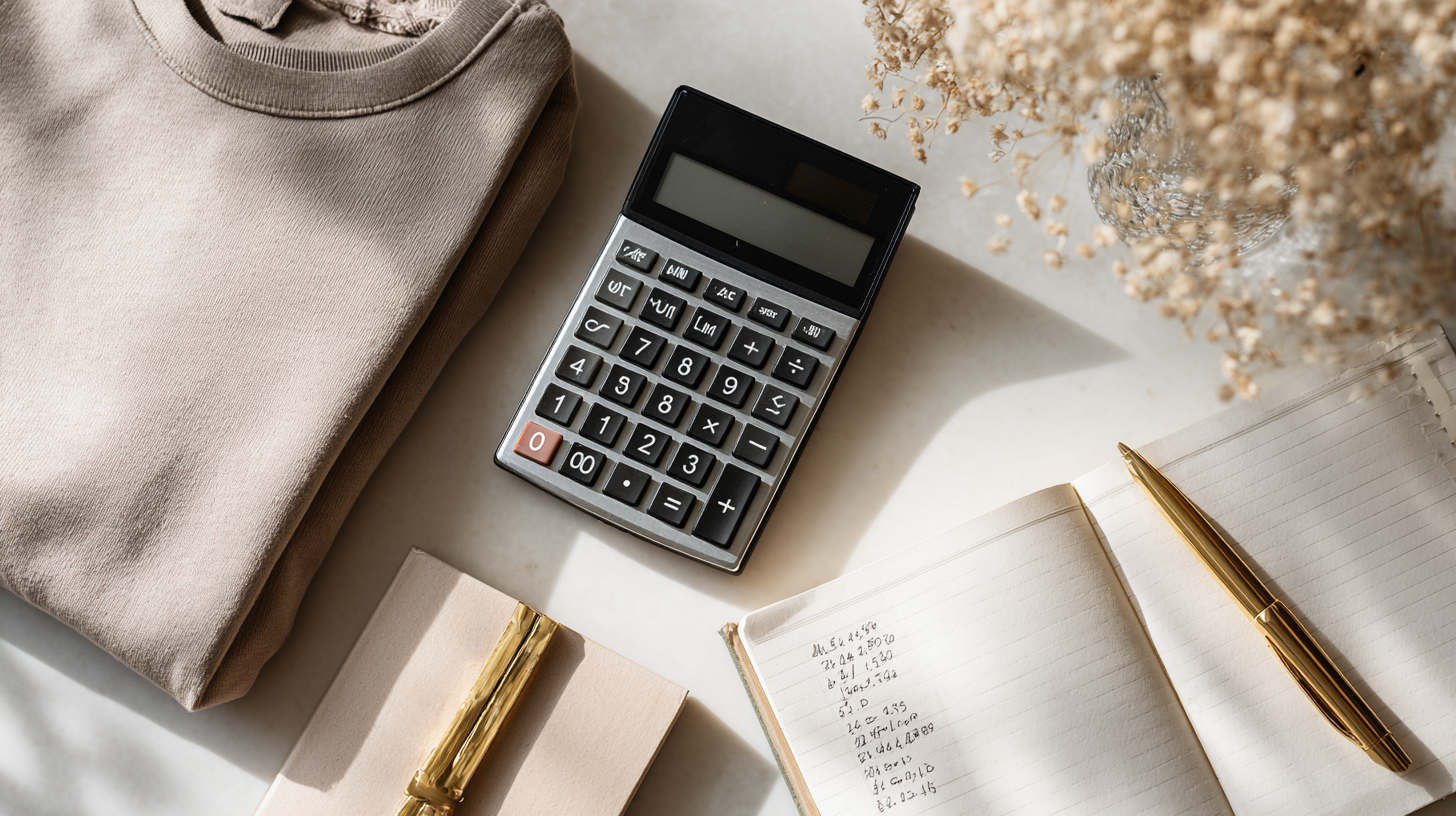 Desk flat lay with a folded tee calculator and notebook of profit figures
