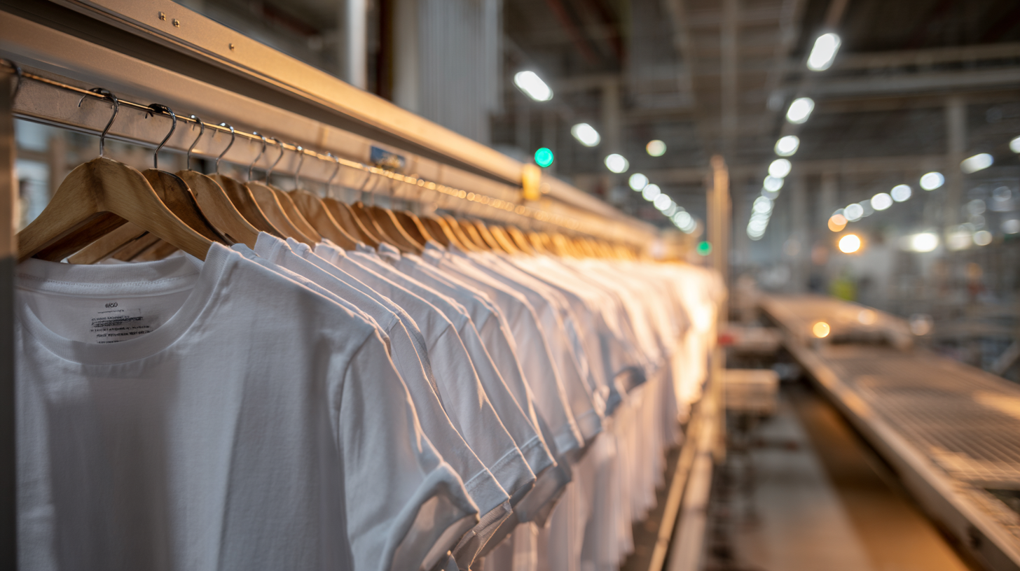 Rows of freshly printed t shirts on a rack in a modern print facility