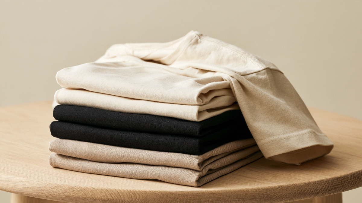 Stack of folded blank cotton t shirts in cream and black on a wood table