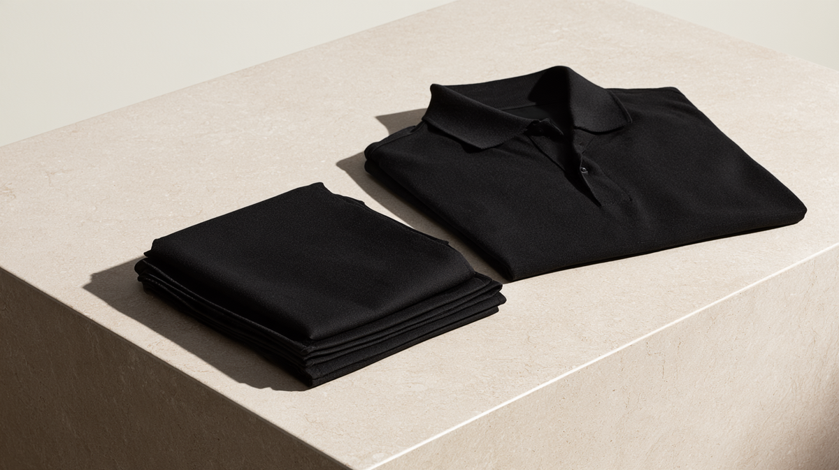 Folded black service apron and dark polo on a pale stone counter