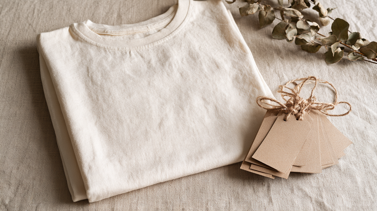 Soft cream tee folded on linen beside blank kraft tags tied with string
