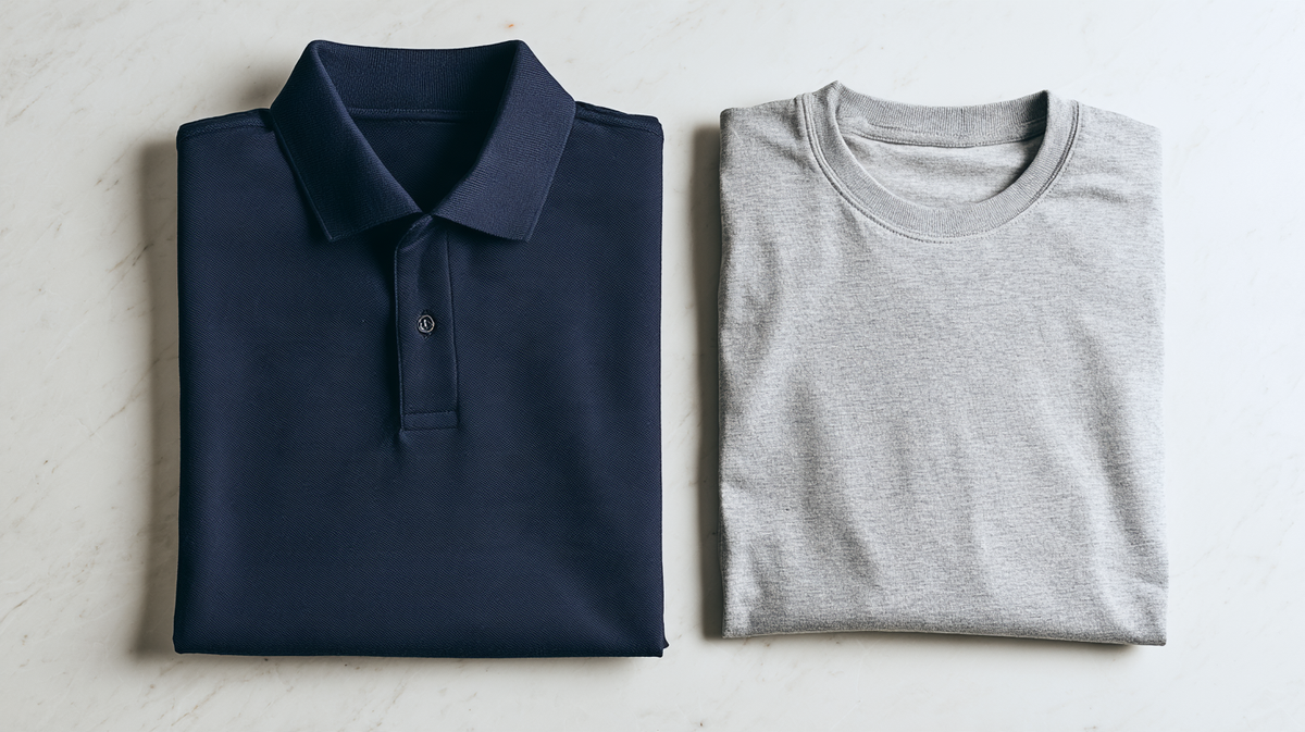 Folded navy polo and light grey tee side by side on a marble surface
