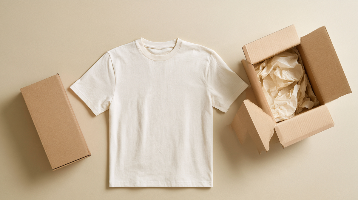 Folded tee beside an open kraft shipping box with packing tissue
