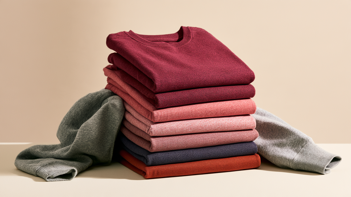 Stack of folded tees in school colors with a hoodie sleeve draped across