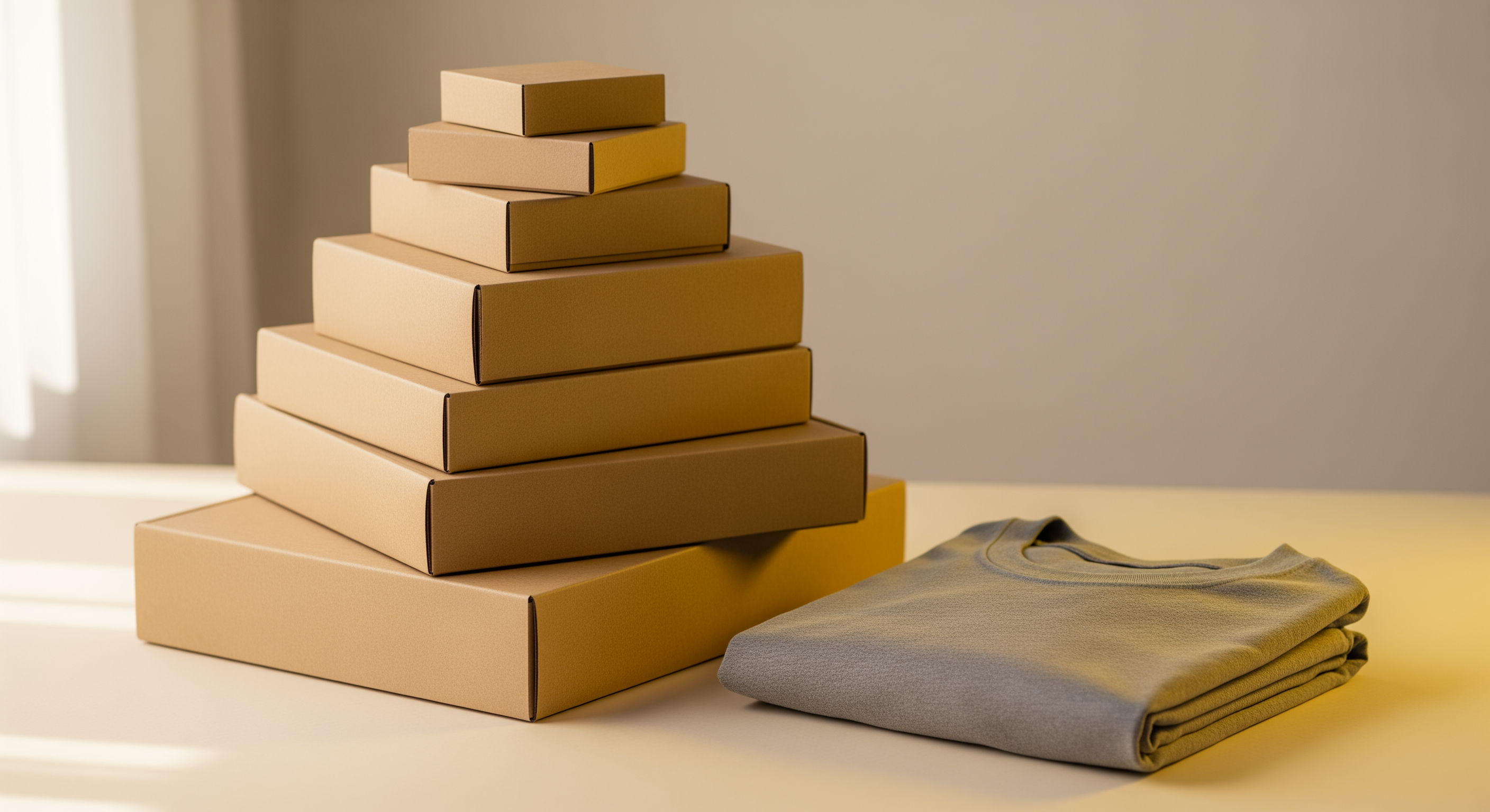 Shipping boxes and a folded custom tee for Amazon fulfillment