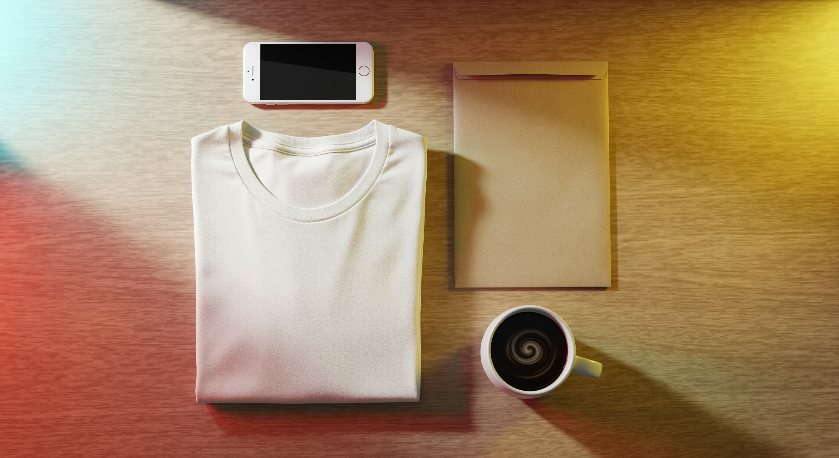 Print on demand flat lay with a folded tee and shipping mailer