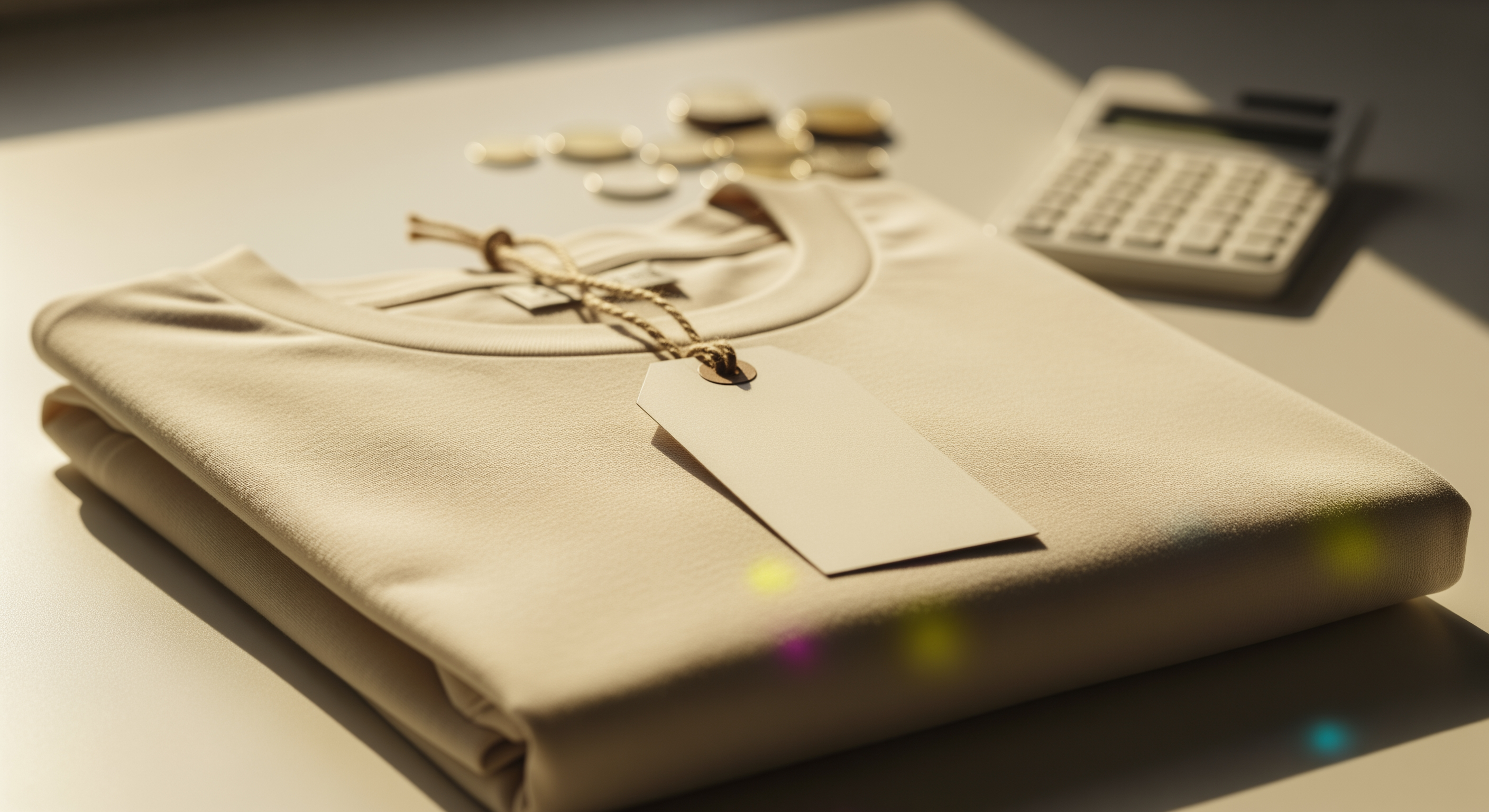 Premium folded tee with a blank hang tag representing pricing