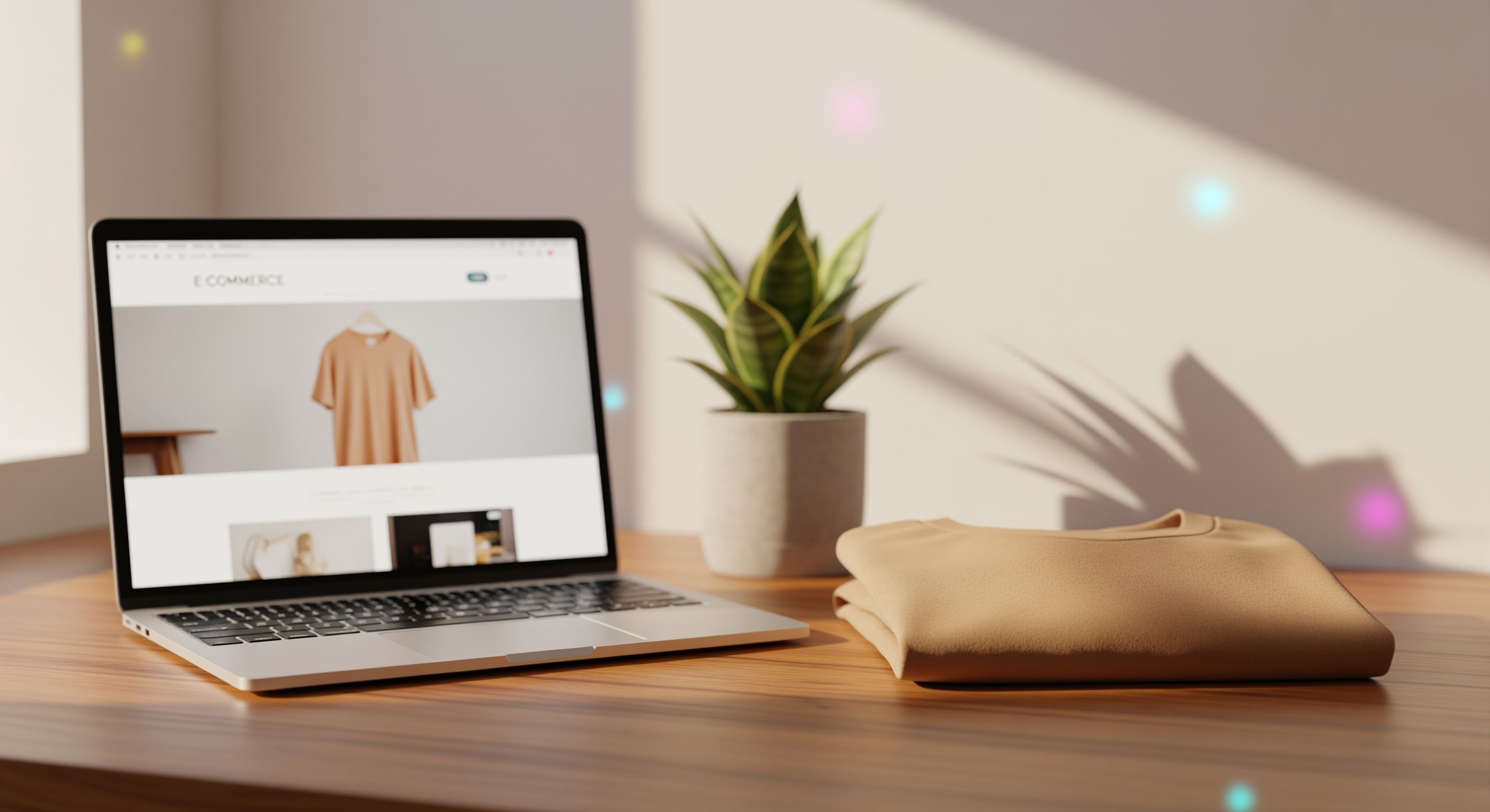 Laptop showing an ecommerce storefront beside a custom tee