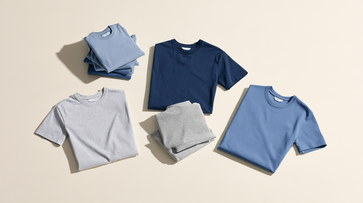 Folded blank t shirts grouped by quantity on a pale background
