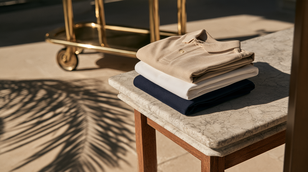 Folded hotel staff polos stacked in a sunlit resort lobby