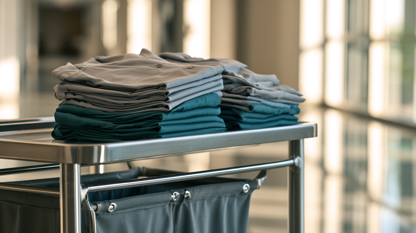 Cleaning company uniforms folded on a housekeeping cart