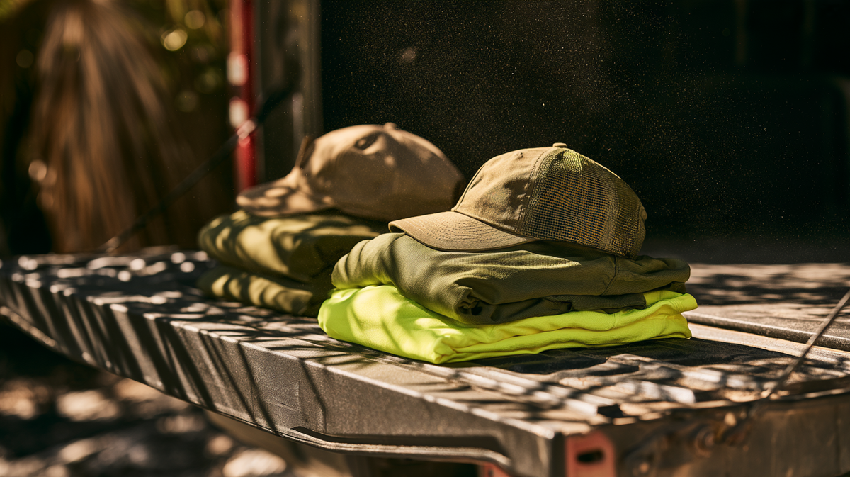 Landscaping crew tees and caps on a work truck tailgate