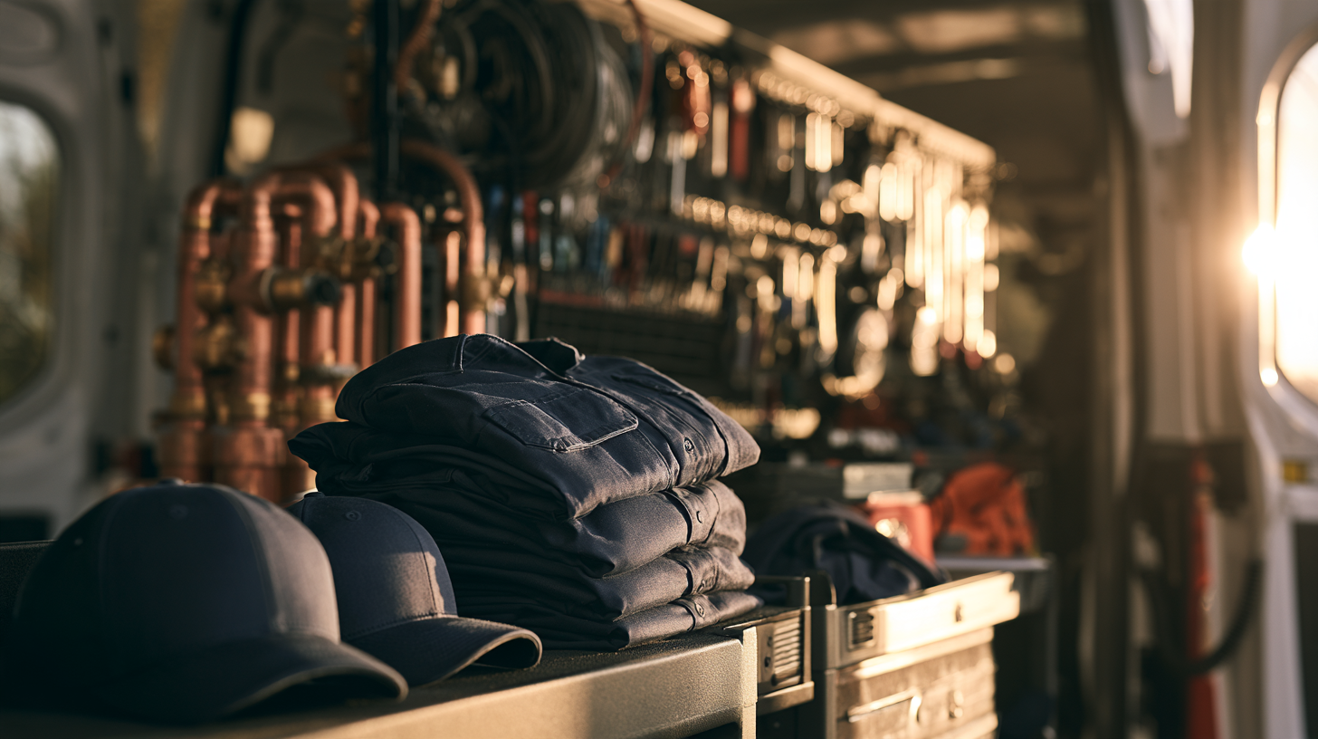 Folded work shirts and caps inside a service van