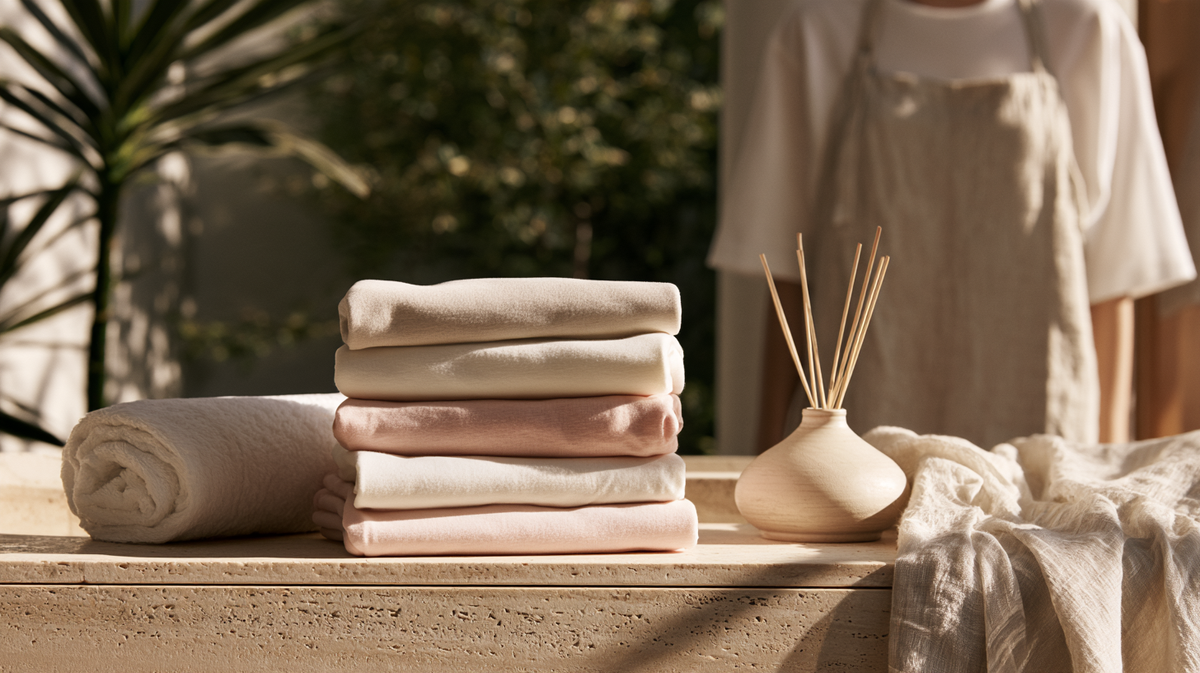 Med spa staff tees and linen apron folded on travertine