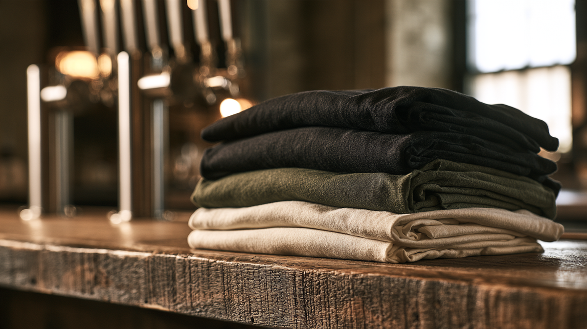 Stack of heavyweight tees on a taproom bar top