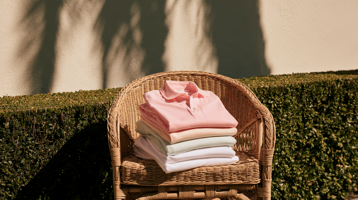 Pastel company polos folded on a rattan chair in Palm Beach County
