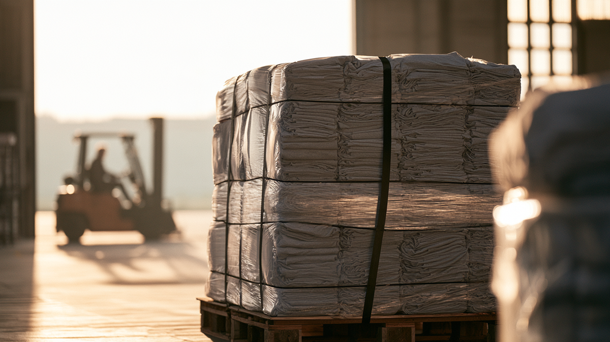 Banded pallet of folded tees in a Doral logistics bay