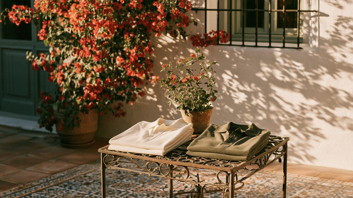Folded polos on a wrought iron table in a Coral Gables courtyard