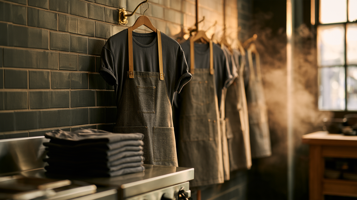 Restaurant staff tees and denim aprons hanging in a service corridor