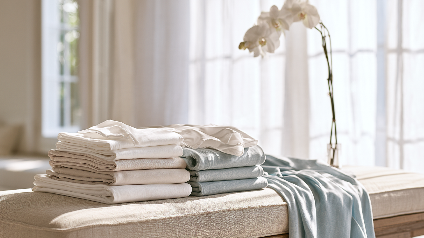 Folded company apparel on a linen bench in a bright Boca Raton interior