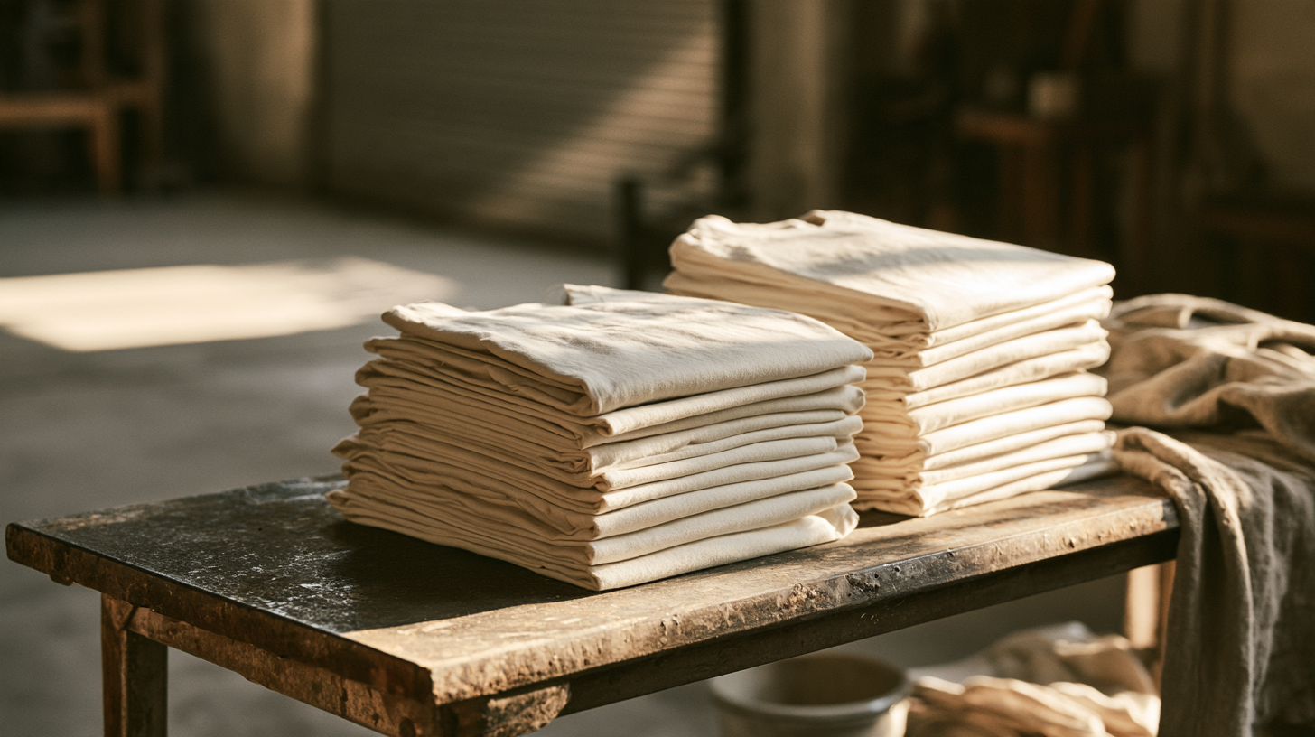 Stacks of folded tees on a steel work table in a Hialeah workshop
