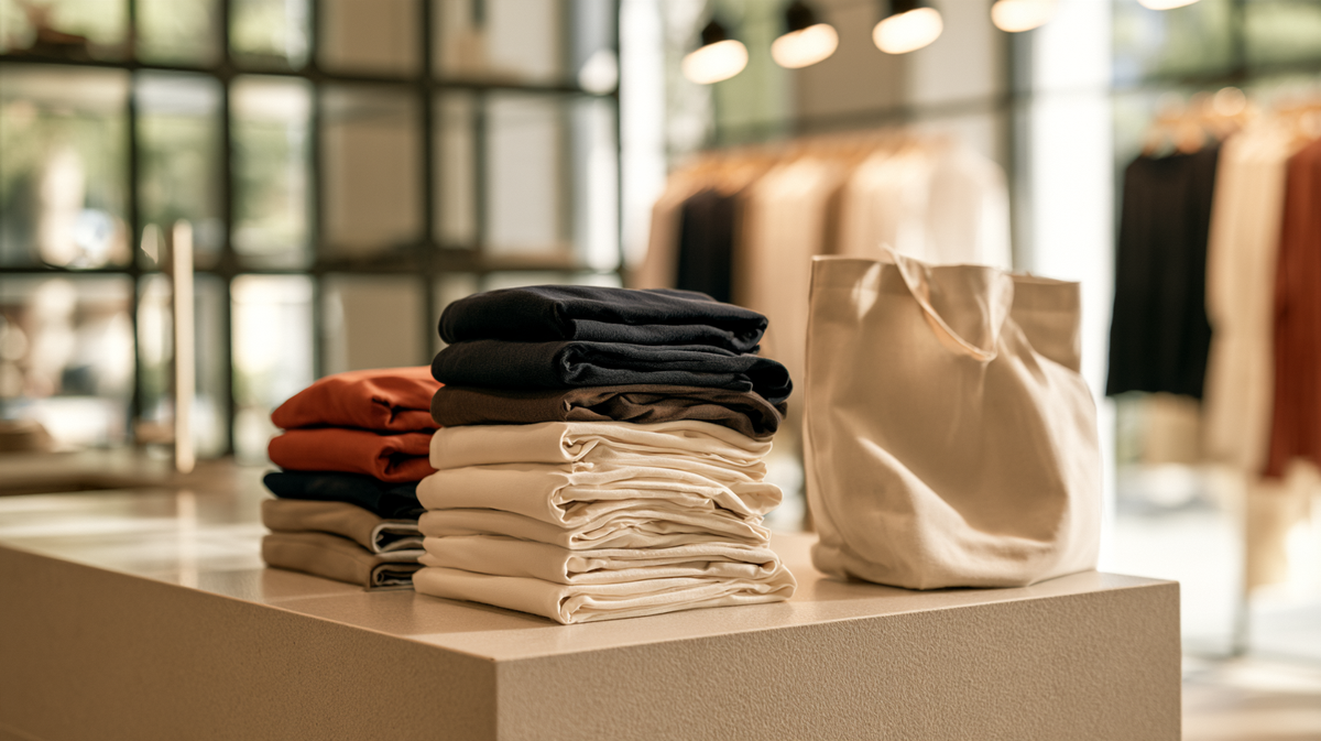 Folded apparel and a tote on a retail counter in Aventura