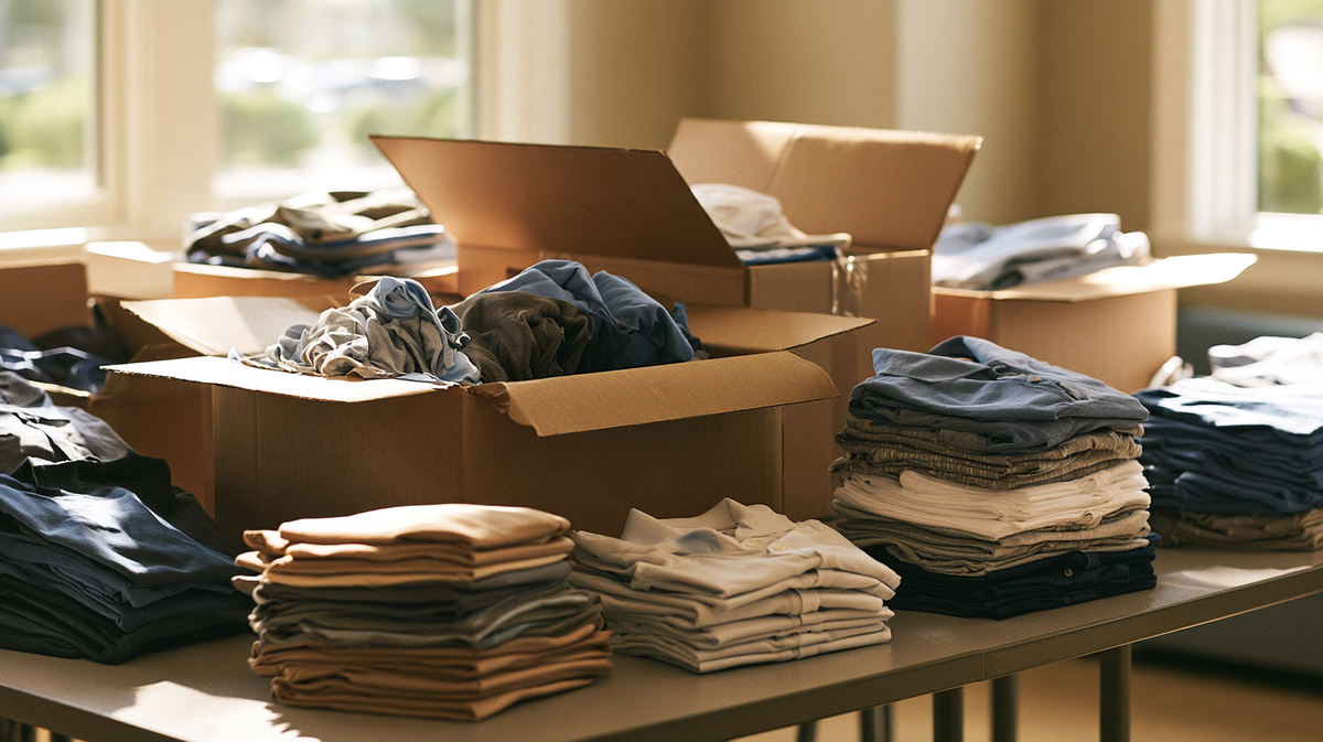 Cartons and folded staff apparel in a west Broward office breakroom