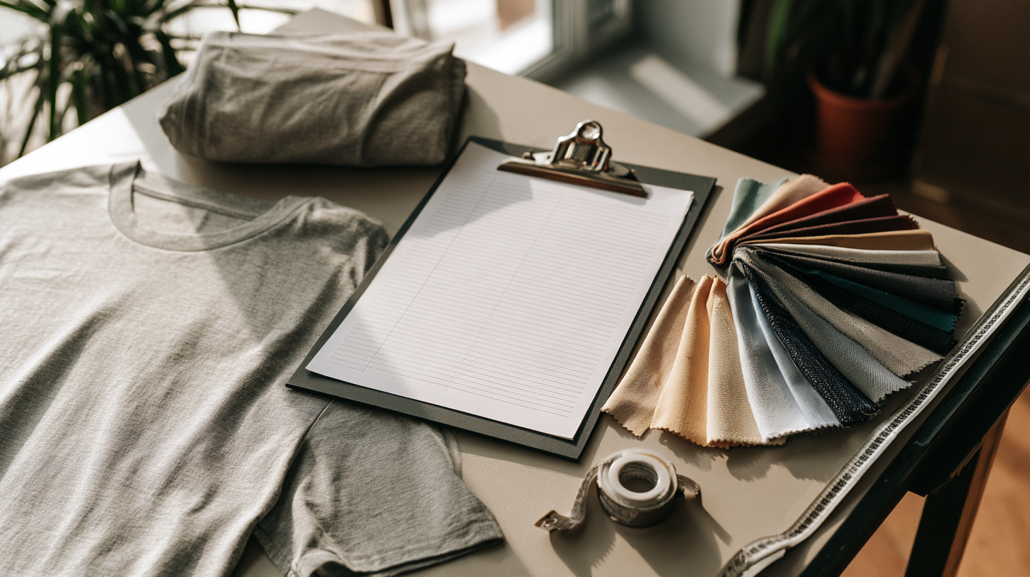 Blank spec sheet on a clipboard beside a folded tee and fabric swatches