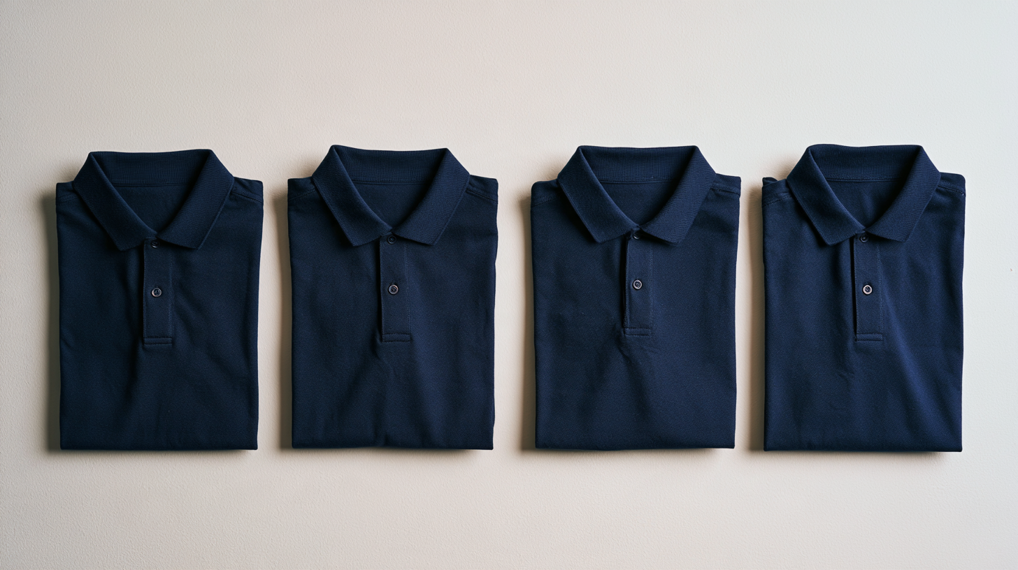 Four identical folded navy polos in an even row