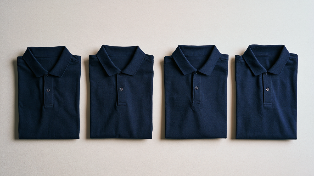 Four identical folded navy polos in an even row