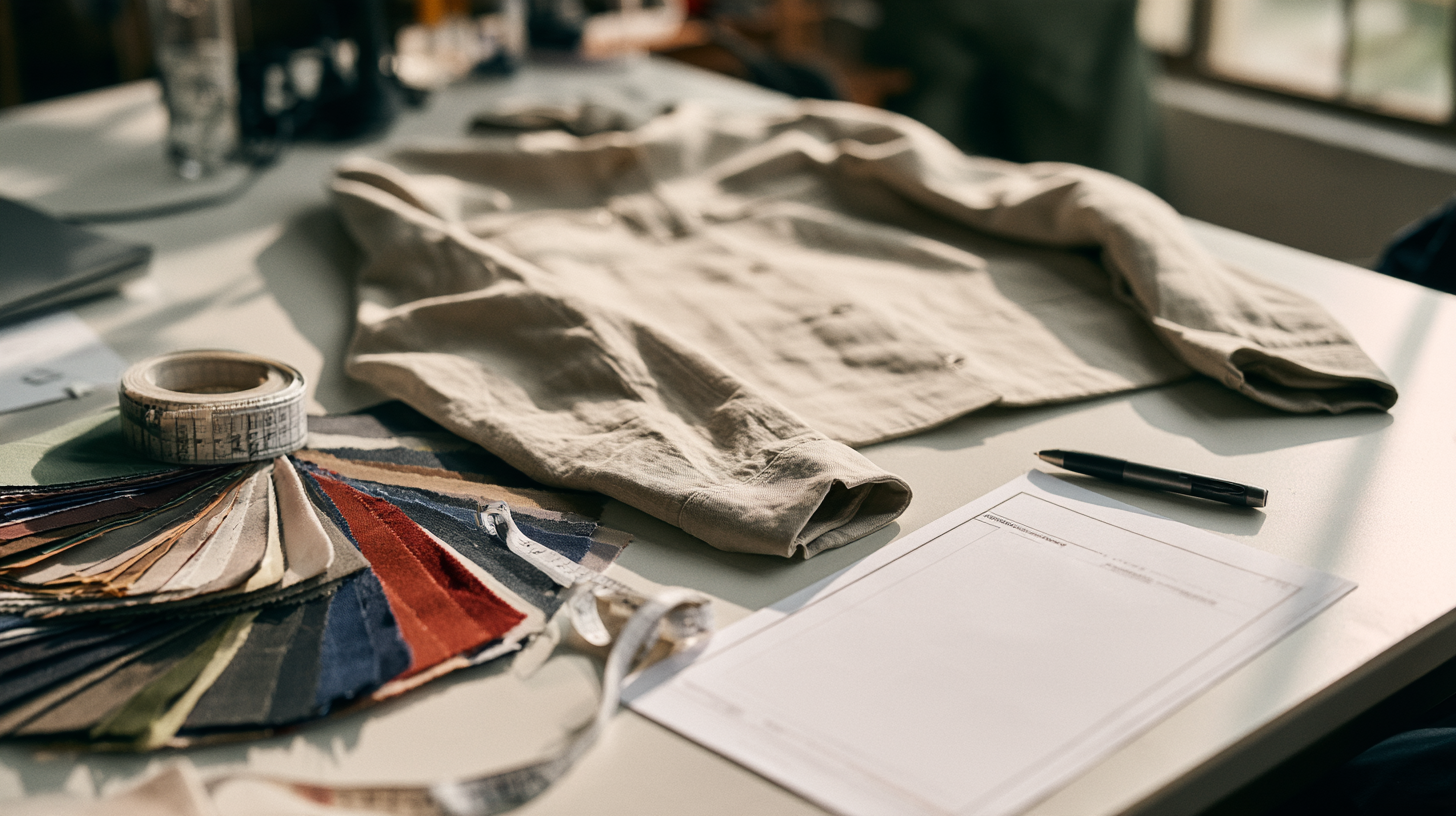 Garment sample, swatch ring and approval sheet on a desk