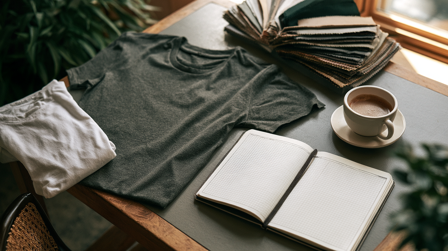 Planning notebook, folded tees and fabric swatches on a desk