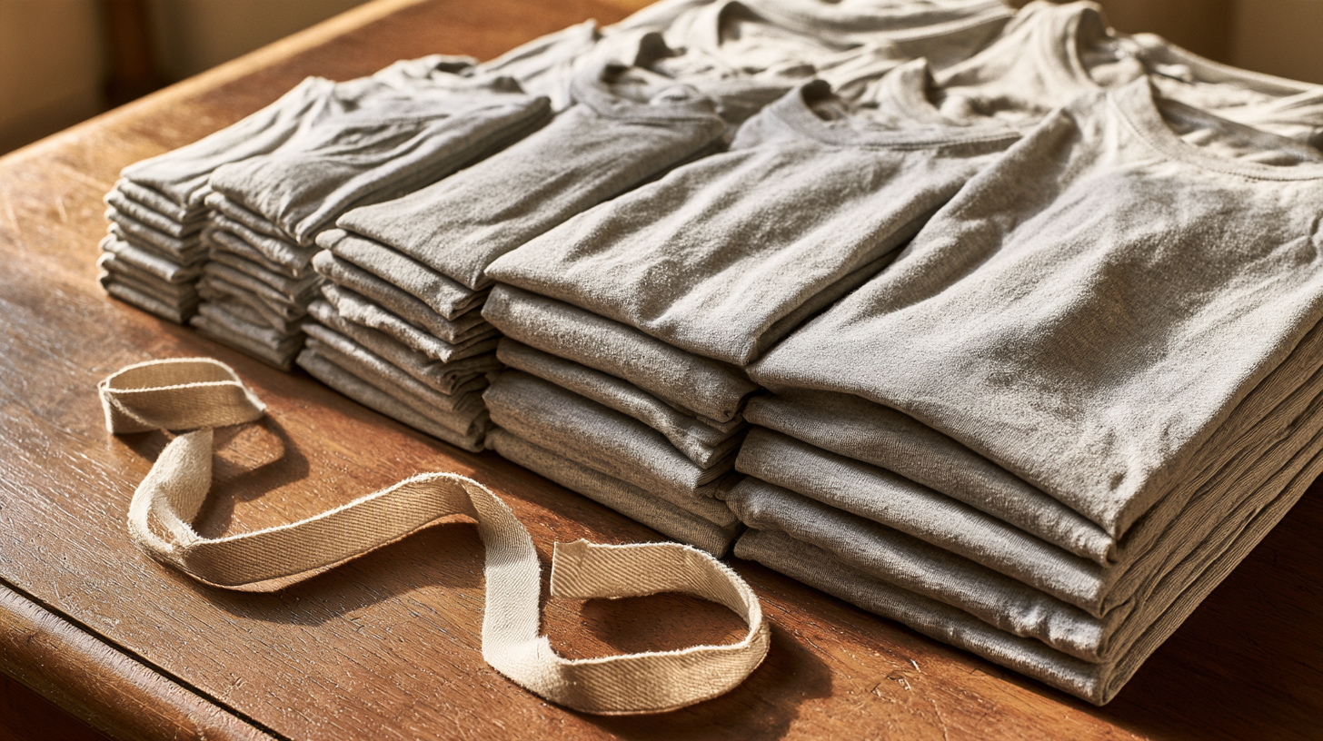 Folded tees arranged in a graduated size run with a measuring tape