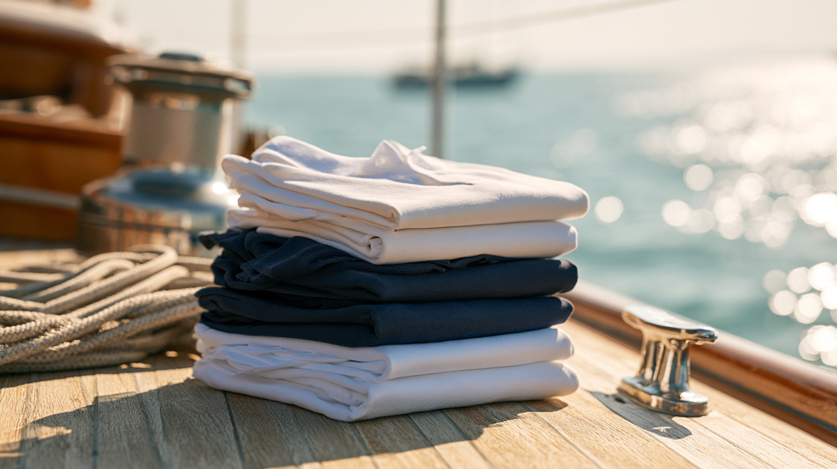 White and navy yacht crew polos folded on teak decking
