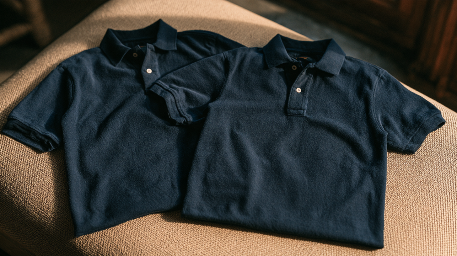 Two nearly identical navy polos side by side showing a slight colour difference