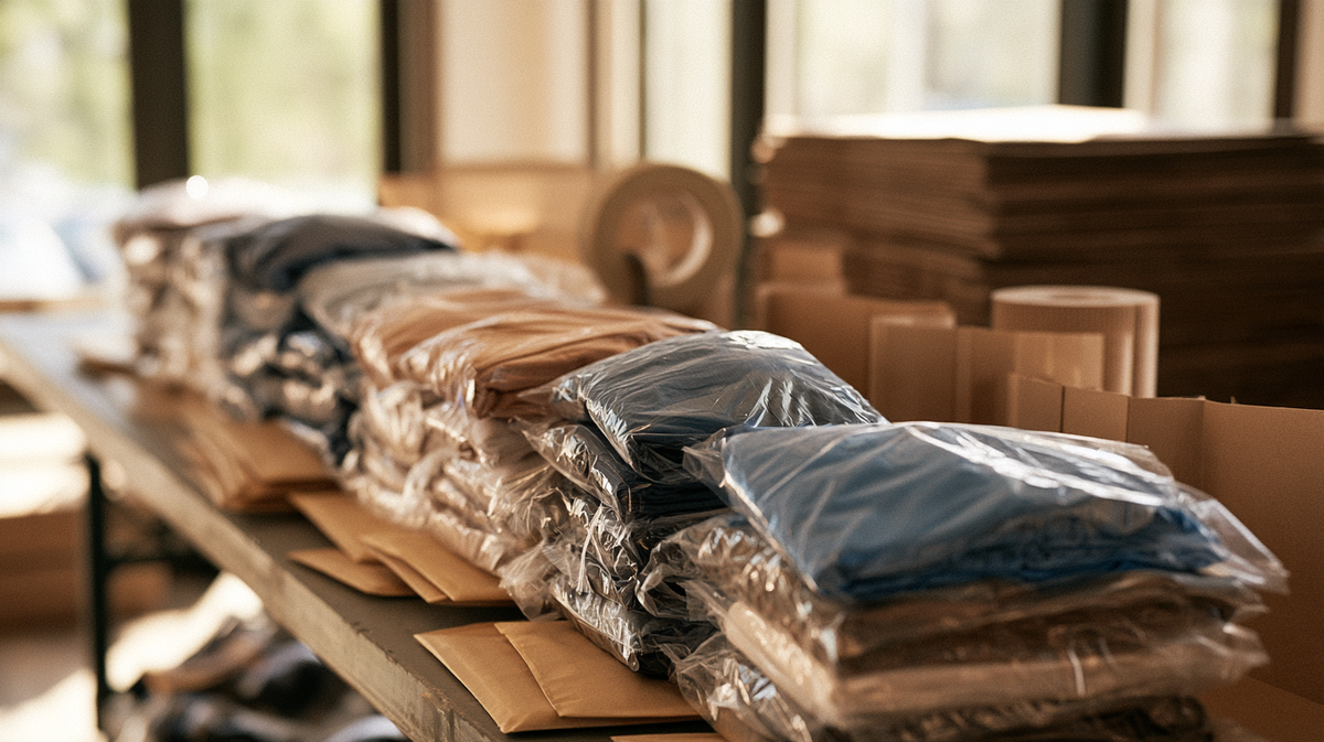Individually bagged folded tees lined up beside shipping mailers