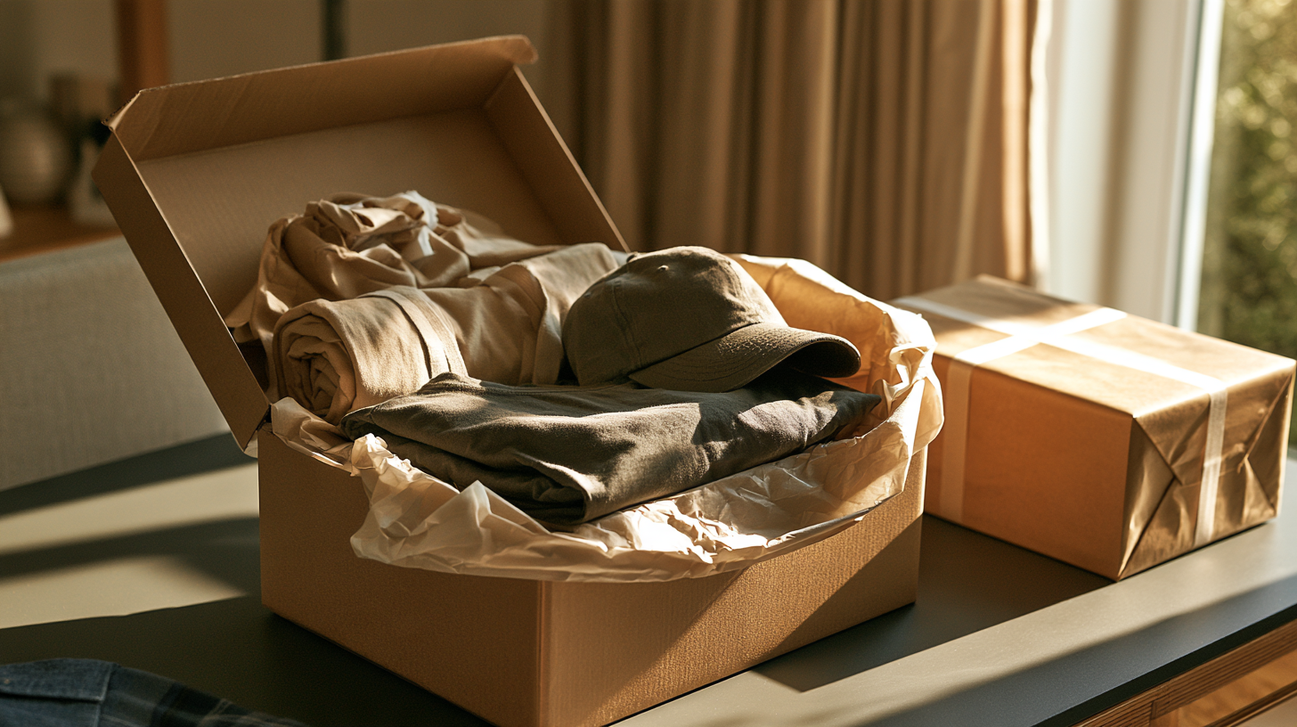 Open new hire kit box with a folded tee, cap and tote