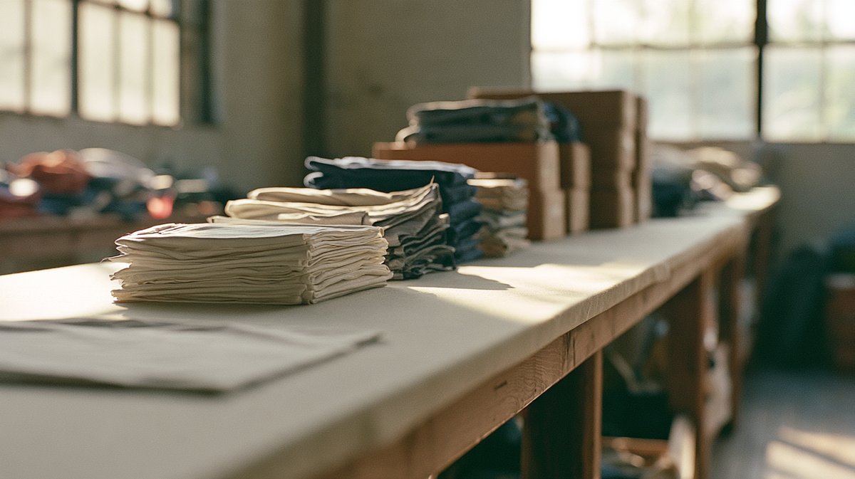 Folded garments progressing along a long table like a rollout timeline