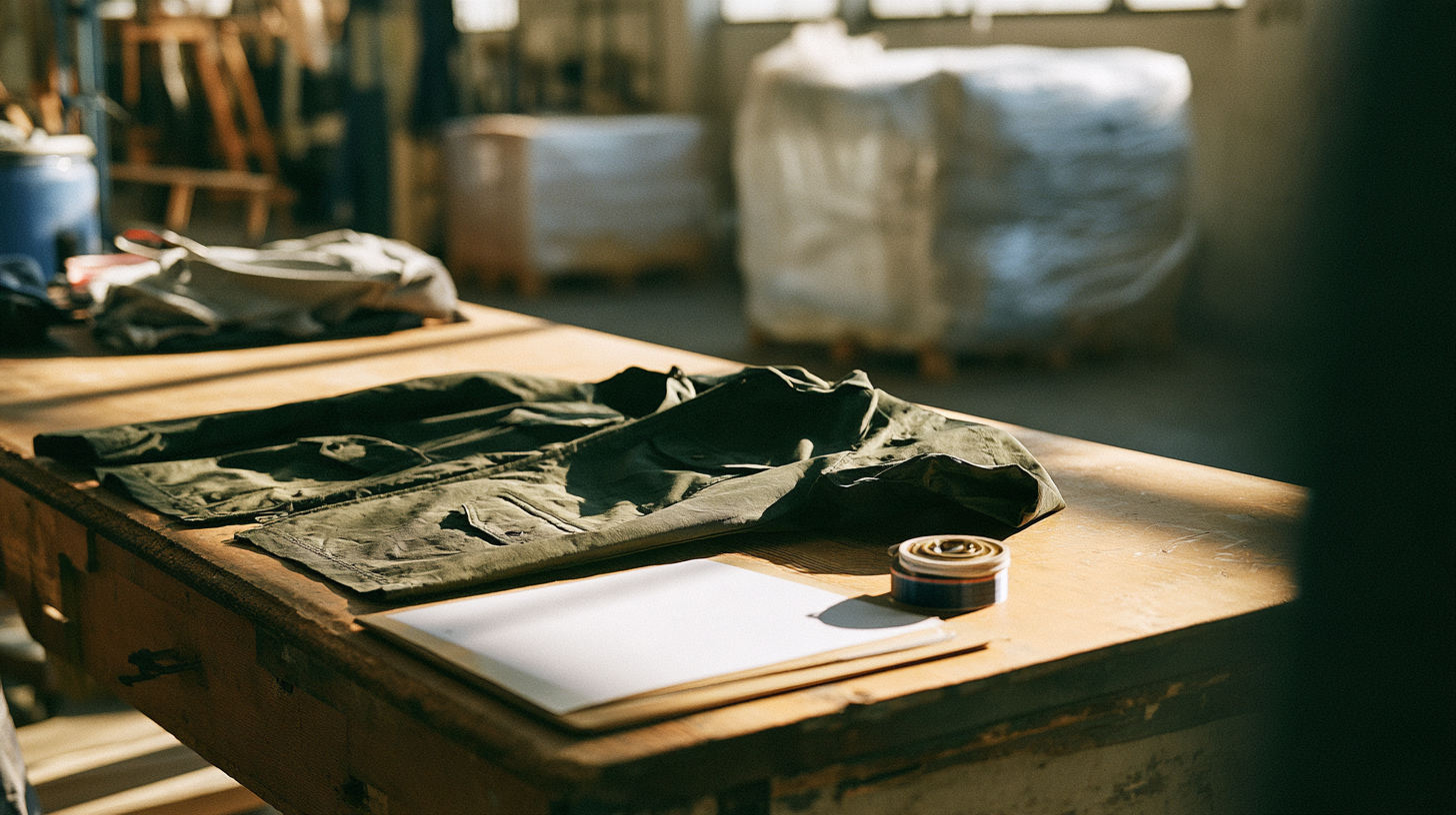 A garment on a workbench in the foreground with a warehouse pallet behind