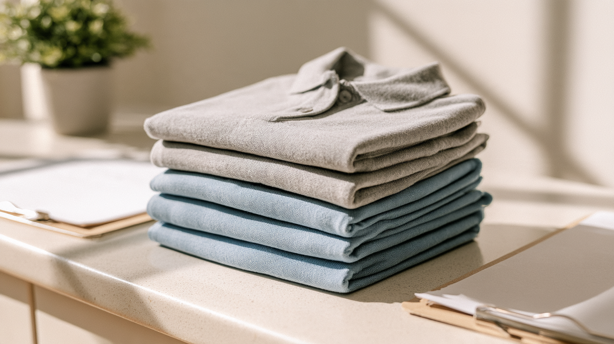 Medical office staff polos folded on a clinic counter