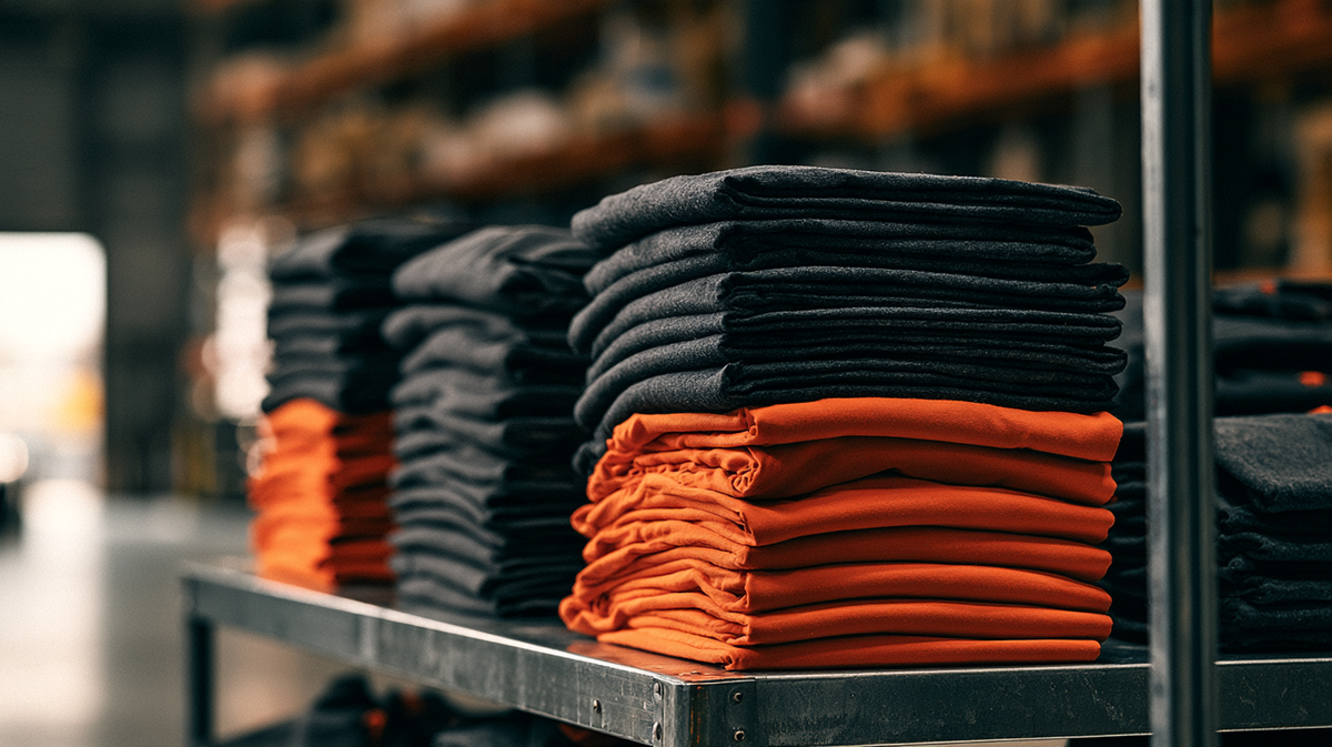 Stacks of warehouse uniform tees on a steel shelf