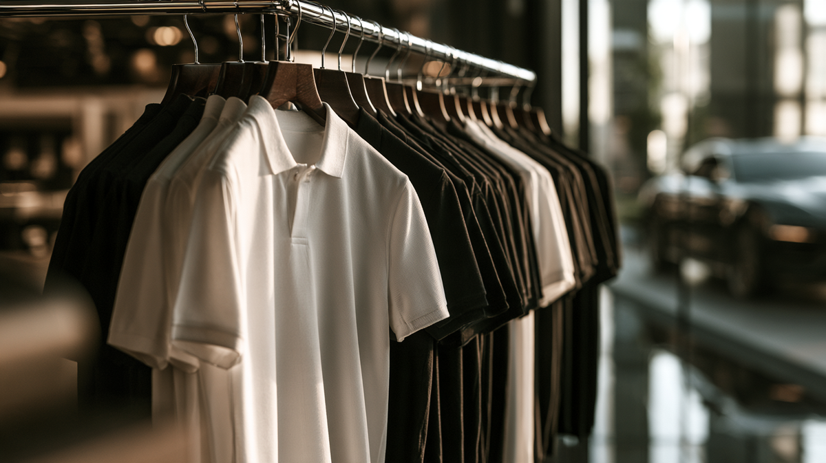 Dealership staff polos on hangers in a showroom